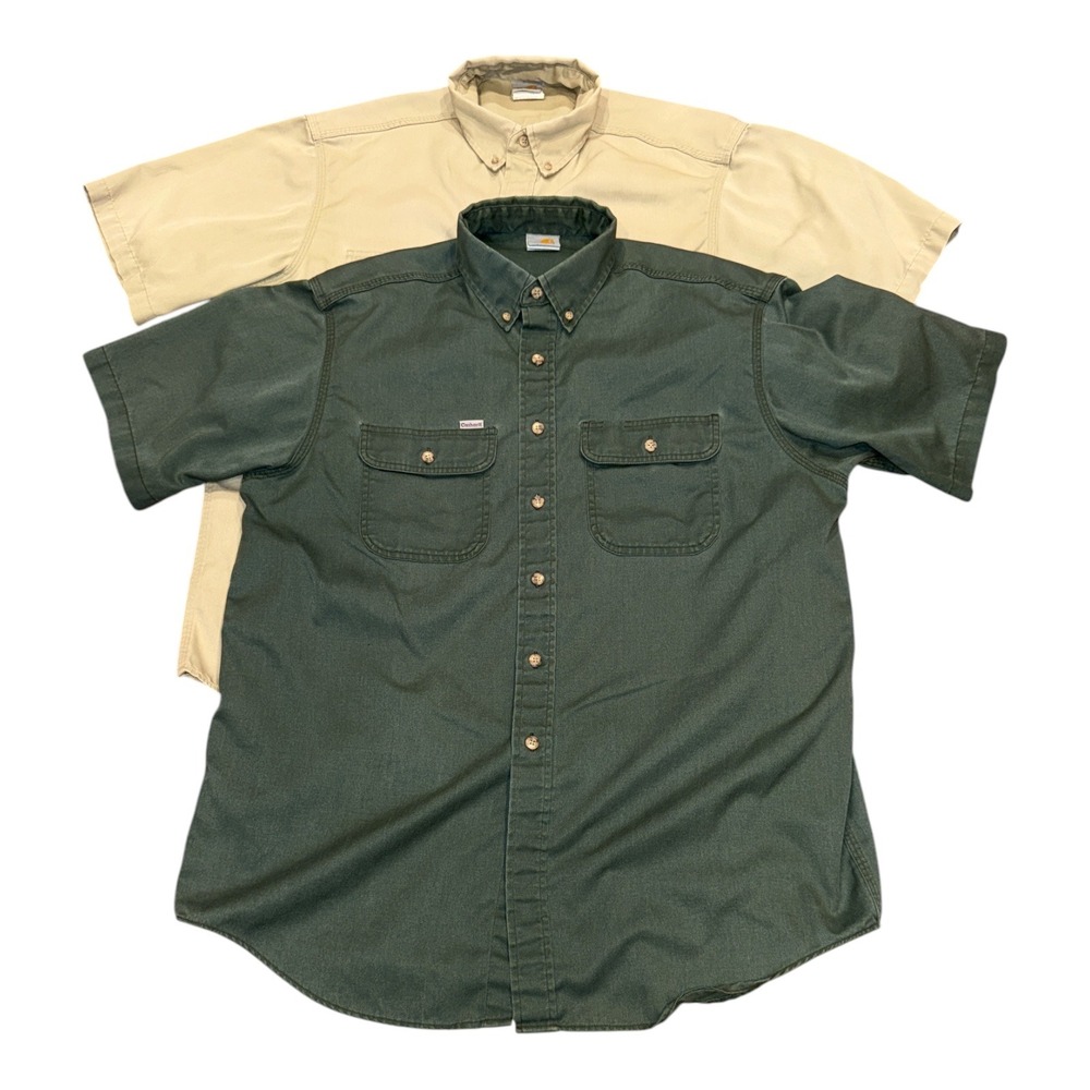 Lot of 2 Carhartt Mens Large Button Down Work Shirts Green Khaki READ